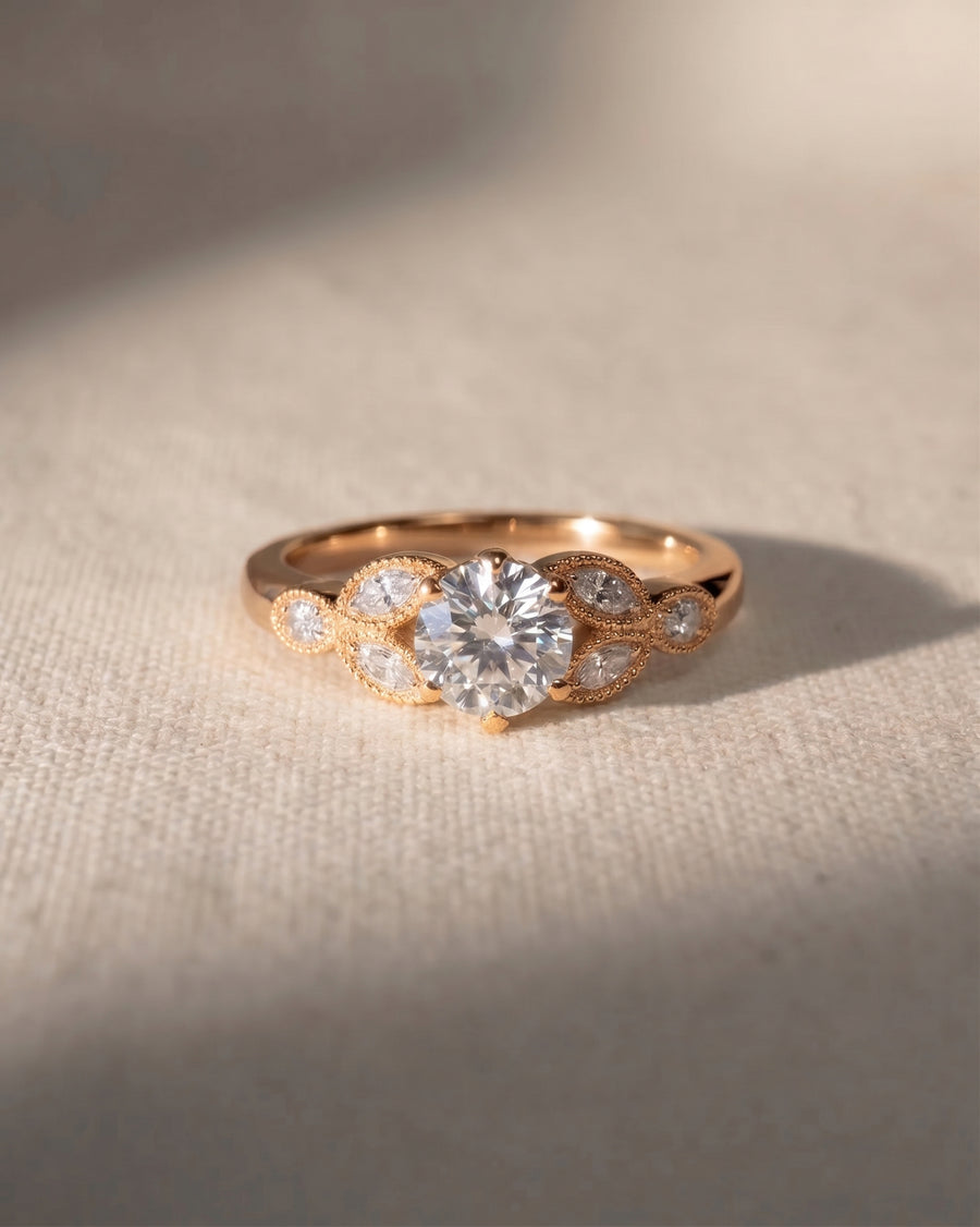 18ct rose gold vintage engagement ring with a round lab-grown diamond and marquise side stones.
