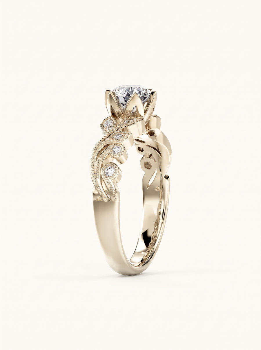 Round cut diamond engagement ring in yellow gold with intricate floral filigree and small accent stones.
