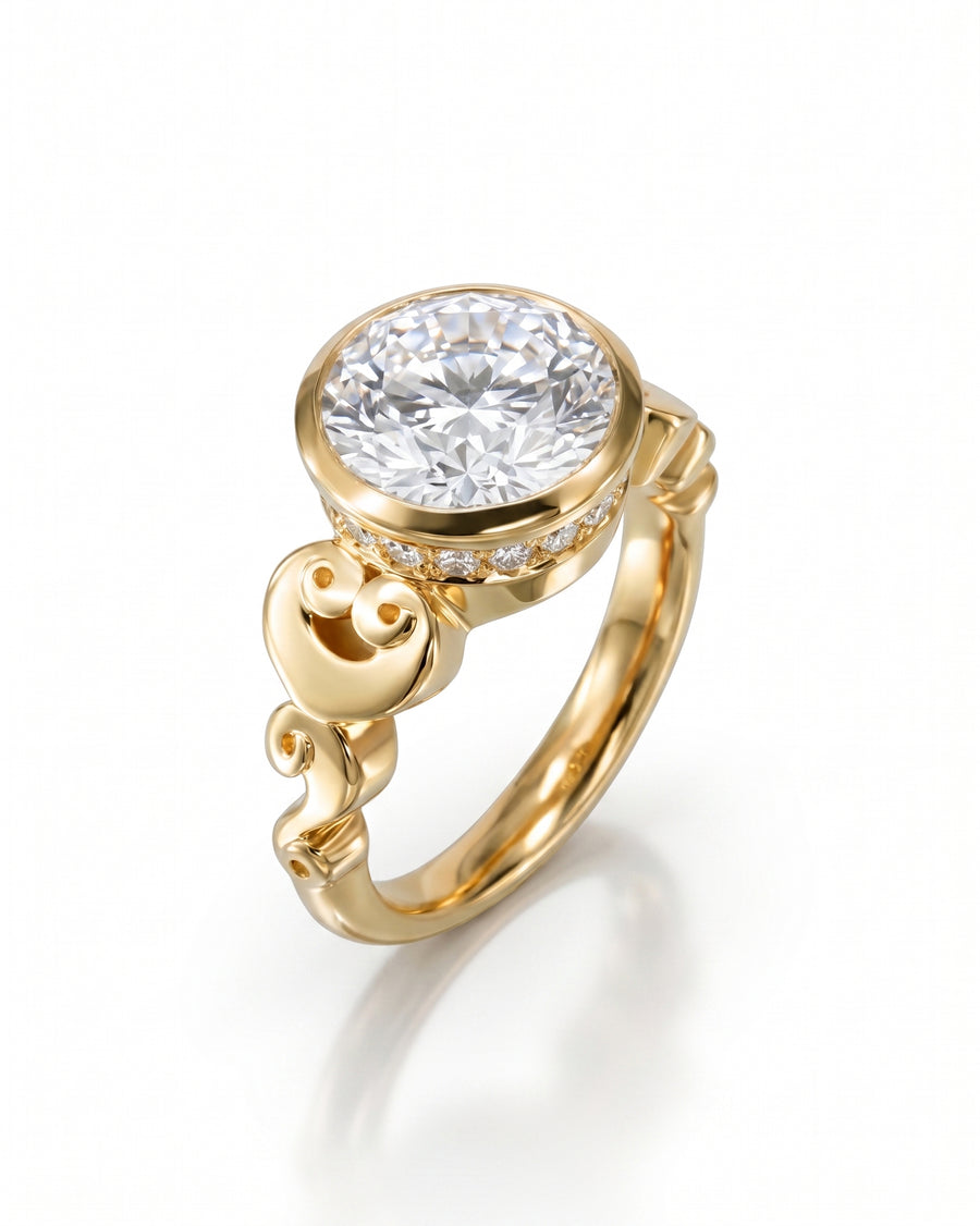 Gold engagement ring with a round rub over diamond and scroll details.
