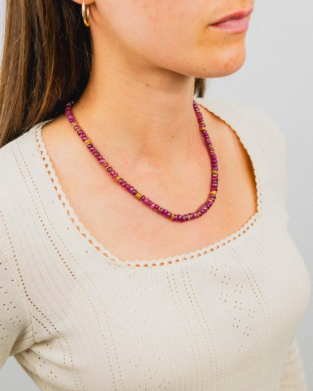 Ruby and Yellow Gold Necklace Necklace Pruden and Smith on Model