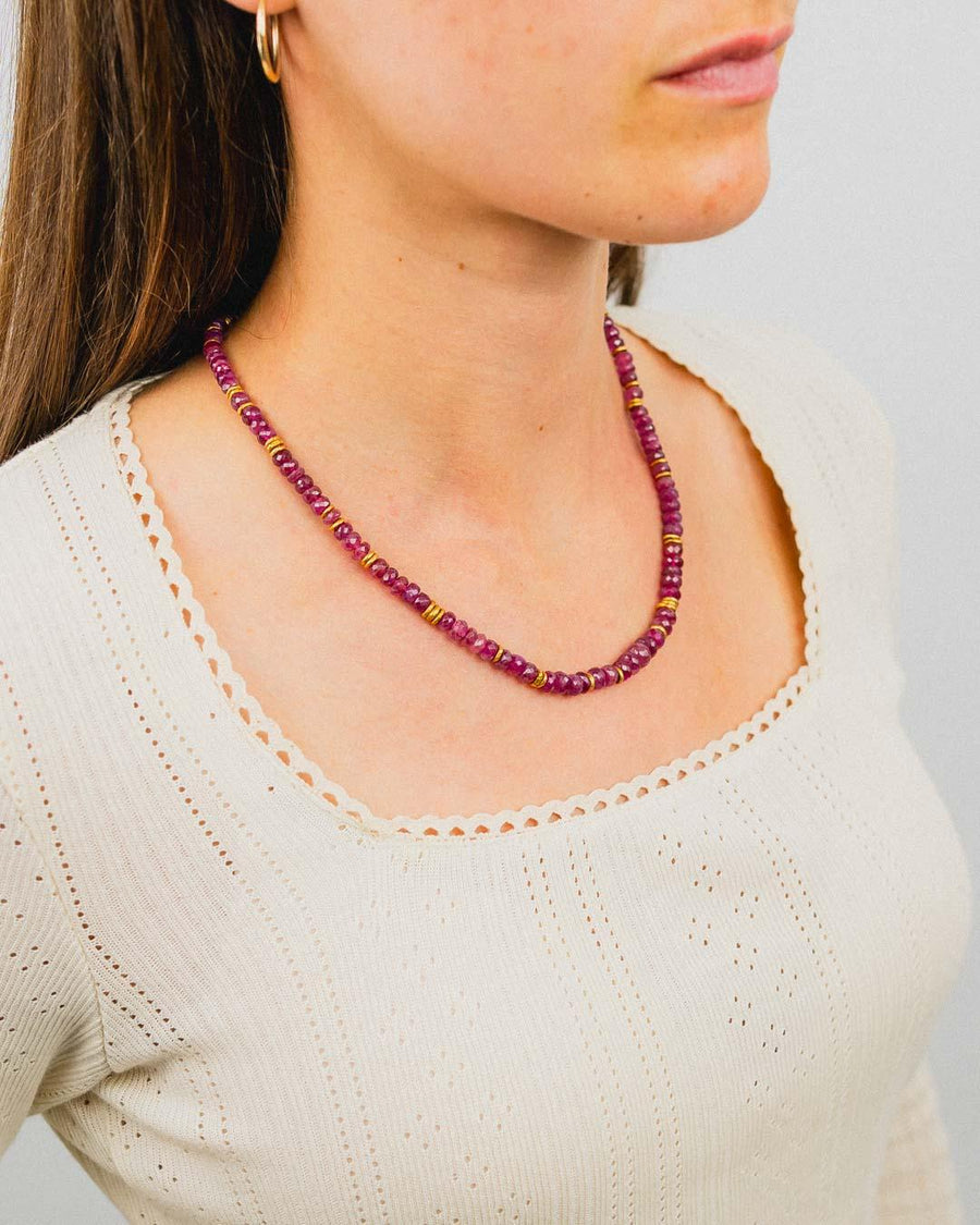 Ruby and Yellow Gold Necklace Necklace Pruden and Smith on Model