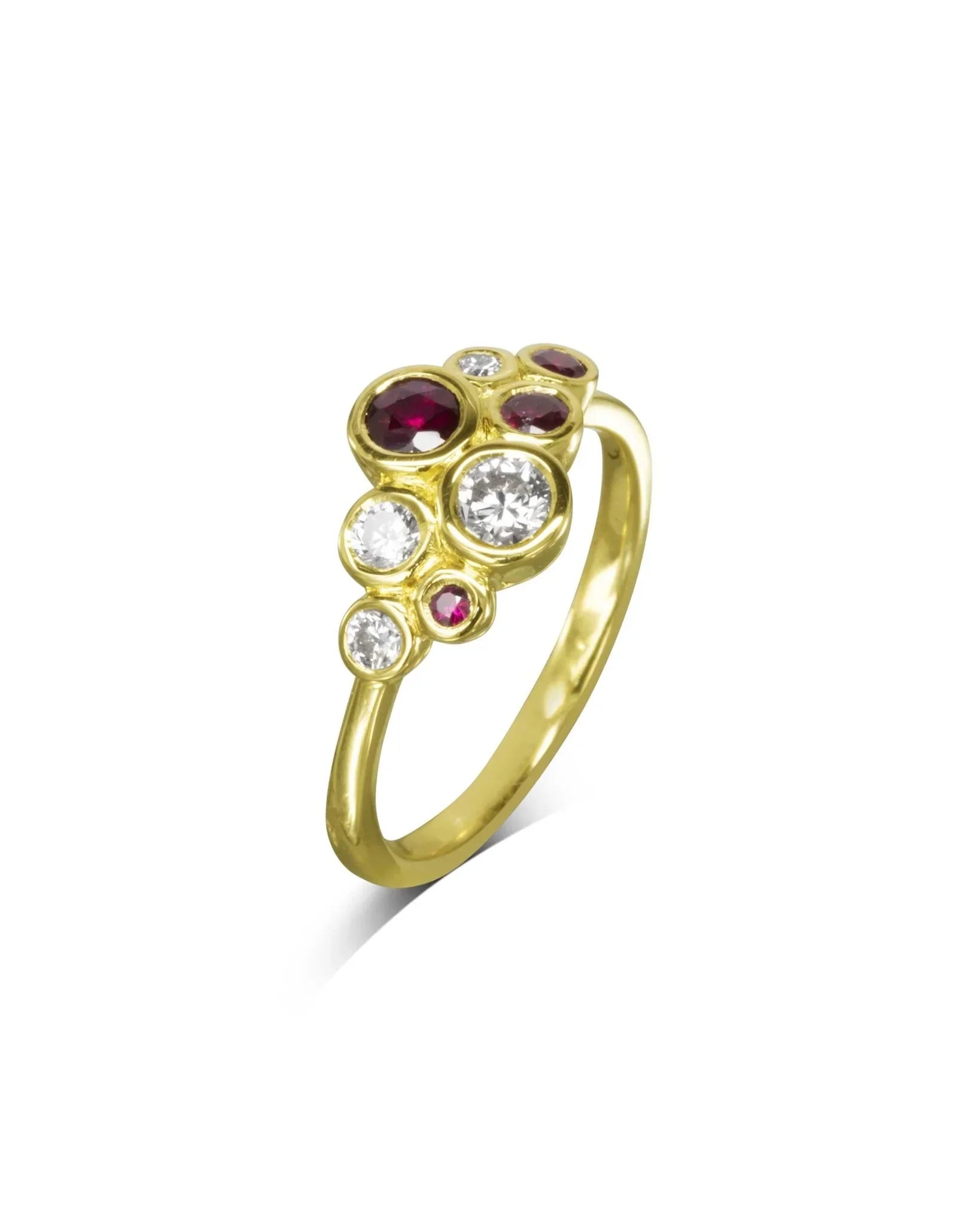 Gold bubbles cluster ring with ruby and diamond gemstones.
