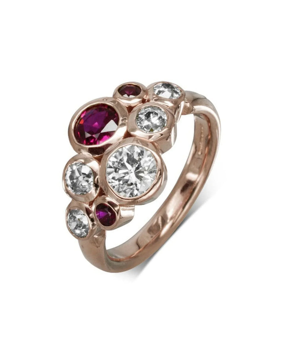 18ct rose gold cluster ring with ruby and diamond bubbles.