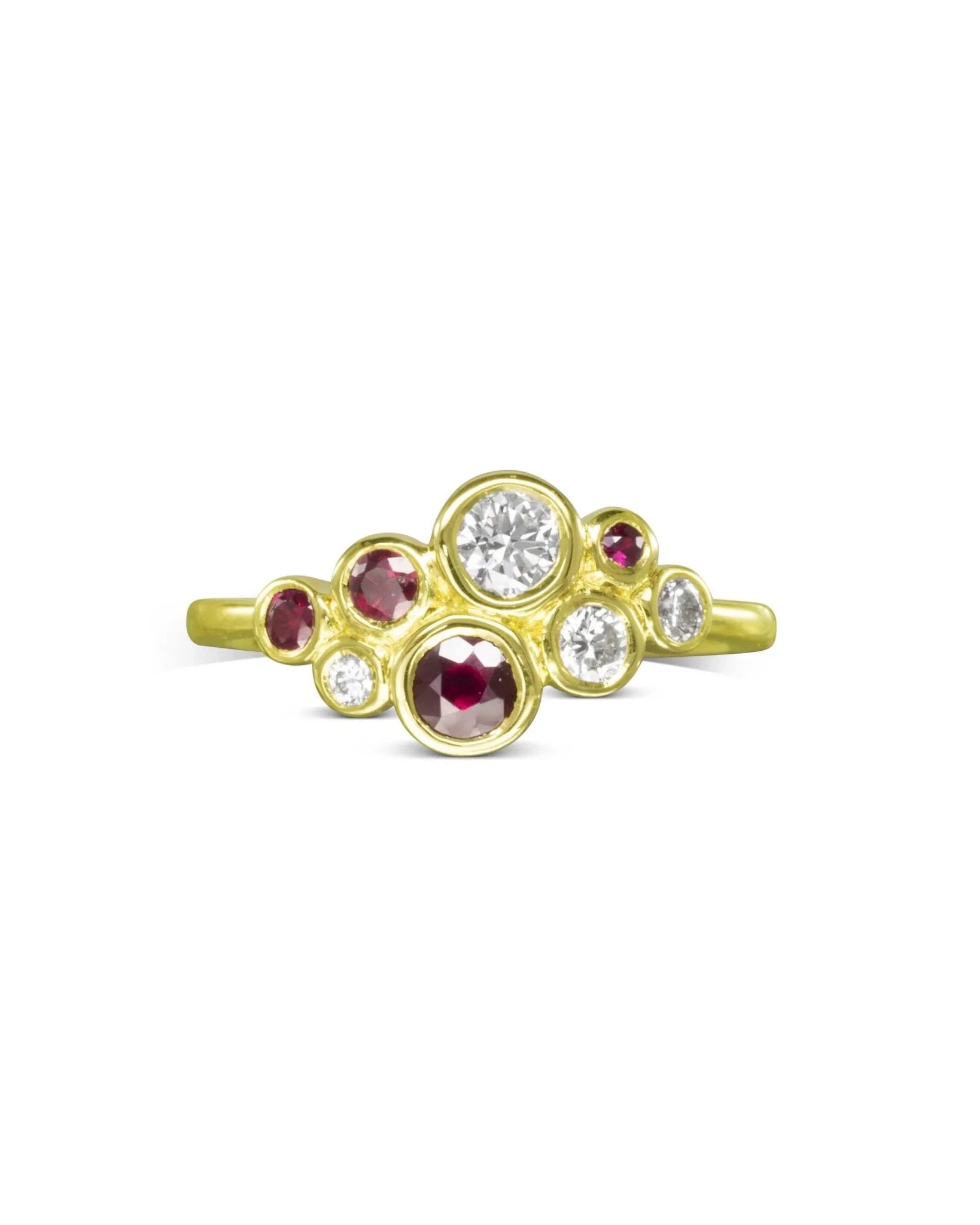 Gold bubbles cluster ring with ruby and diamond gemstones.