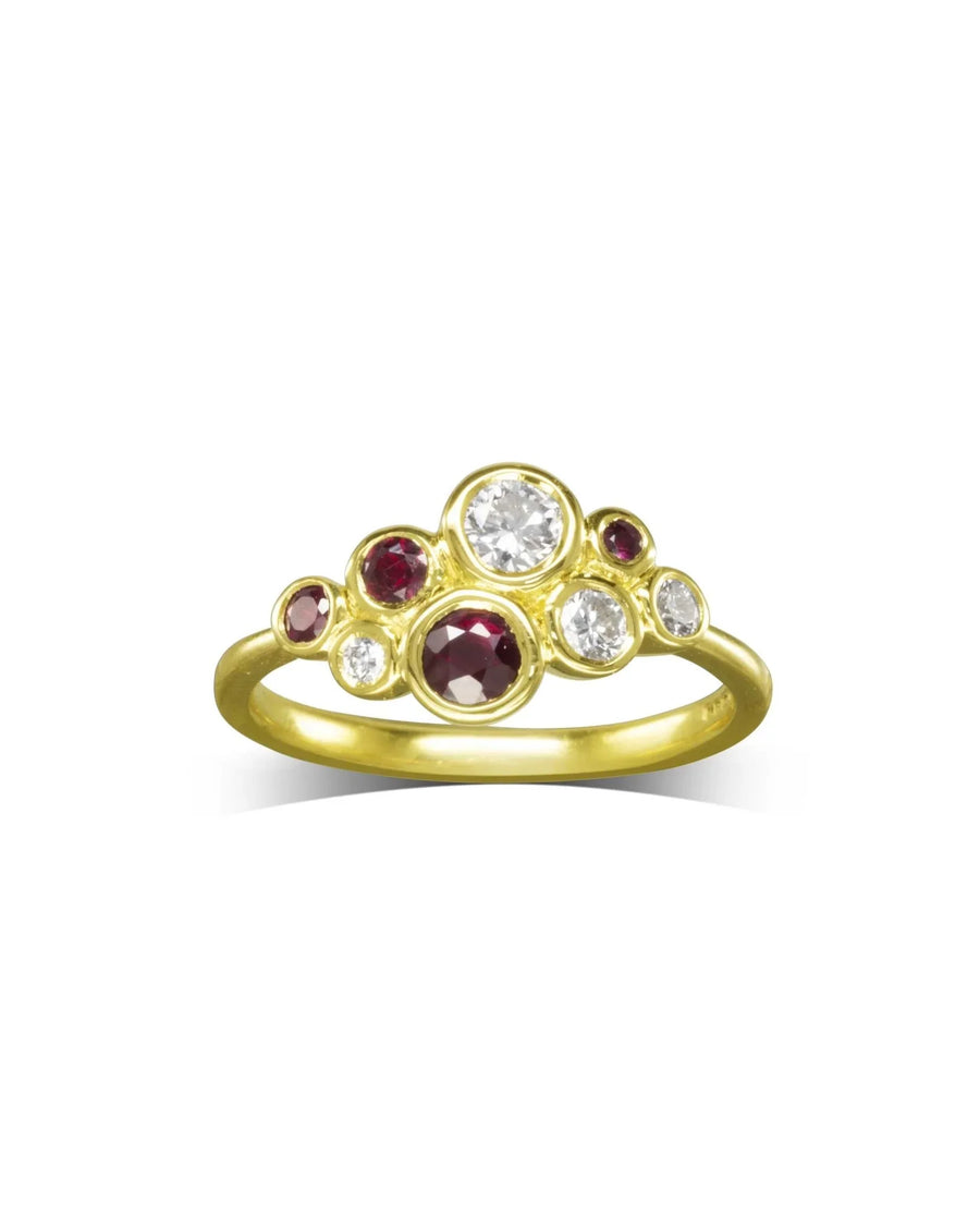 Gold bubbles cluster ring with ruby and diamond gemstones.
