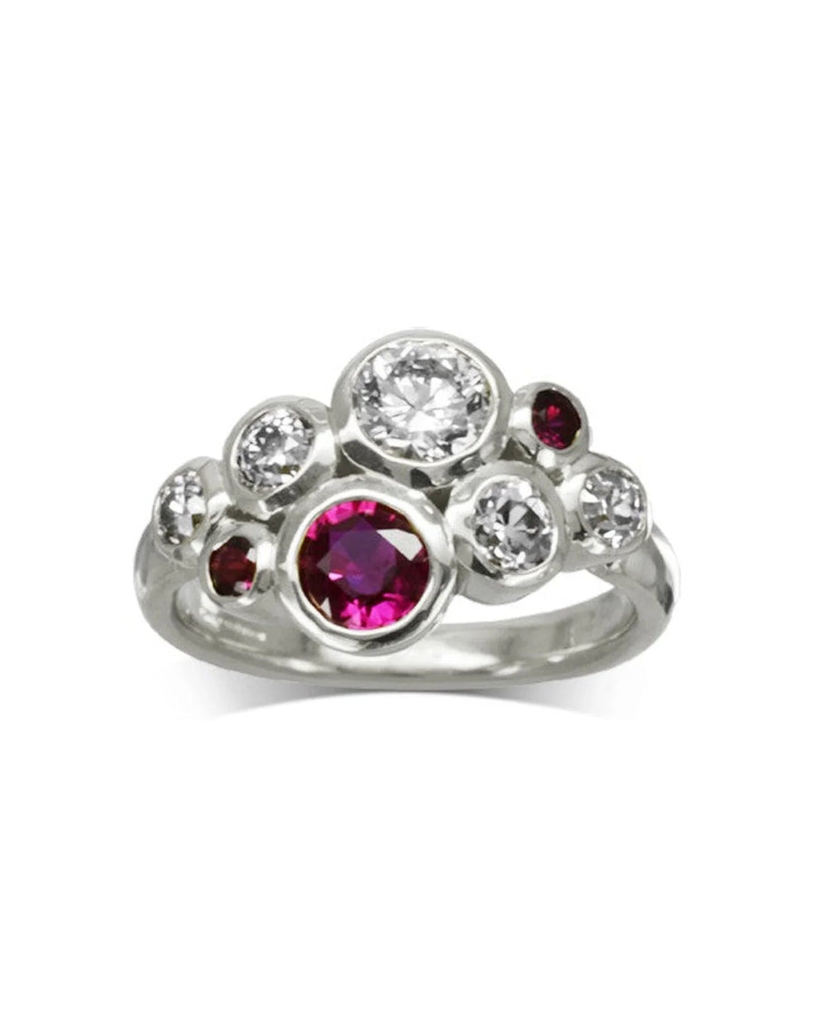 Gold bubbles cluster ring with ruby and diamond gemstones.