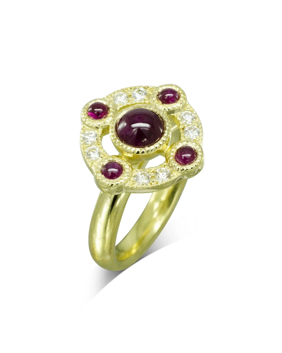 Medieval cluster ring with cabochon ruby and diamonds in a handcrafted gold setting