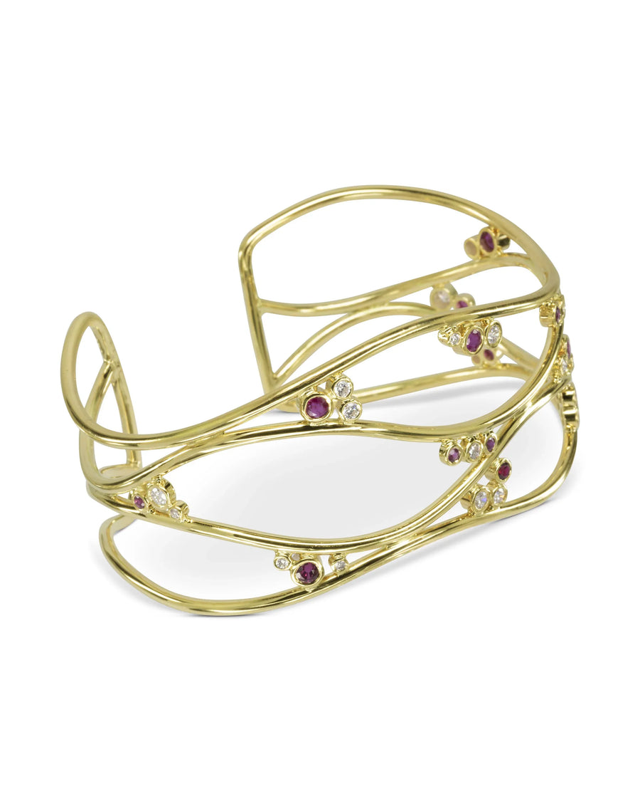 Handmade Four Strand Ruby Diamond Solid 9ct Gold Cuff Bangle Pruden and Smith