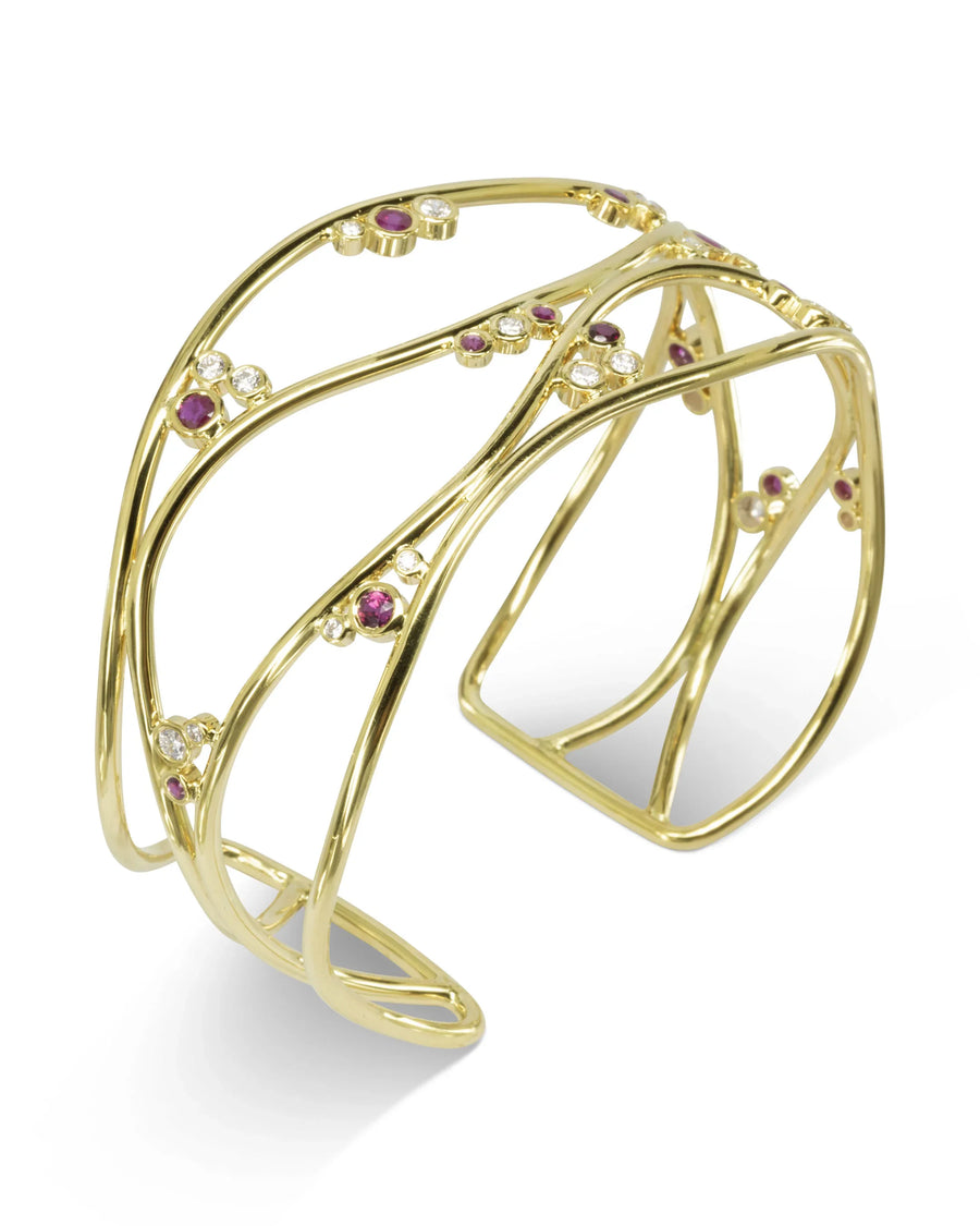 Four Strand Ruby Diamond Solid 9ct Gold Cuff Bangle Pruden and Smith