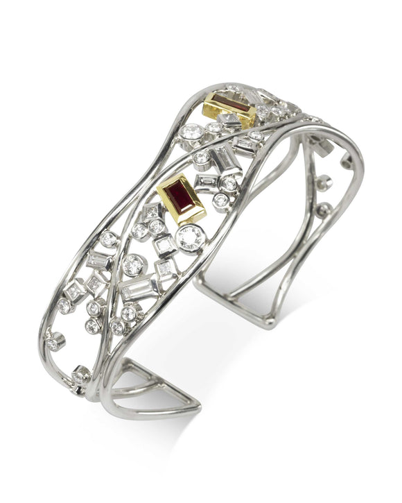 Bespoke Ruby and Diamond Baguette Cuff Bangle Pruden and Smith