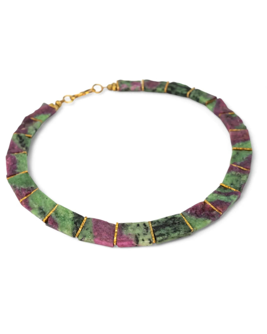 Ruby zoisite collar necklace with gold accents, chunky green and pink gemstone design