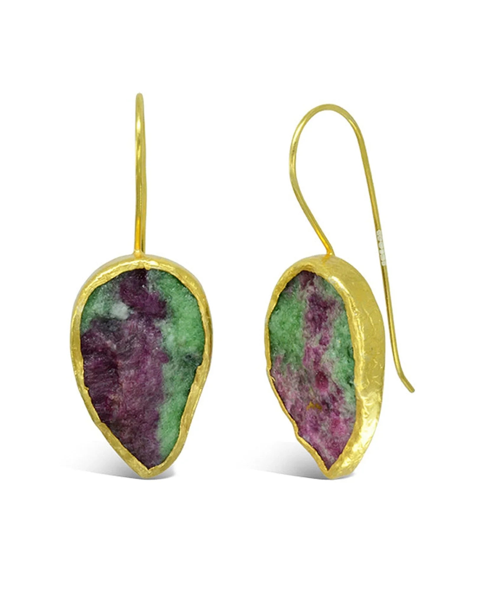 Handmade drop earrings with natural ruby zoisite stones in gold settings