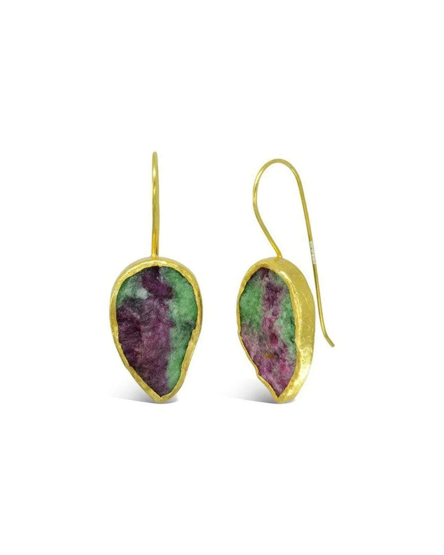 Handmade drop earrings with natural ruby zoisite stones set in gold vermeil