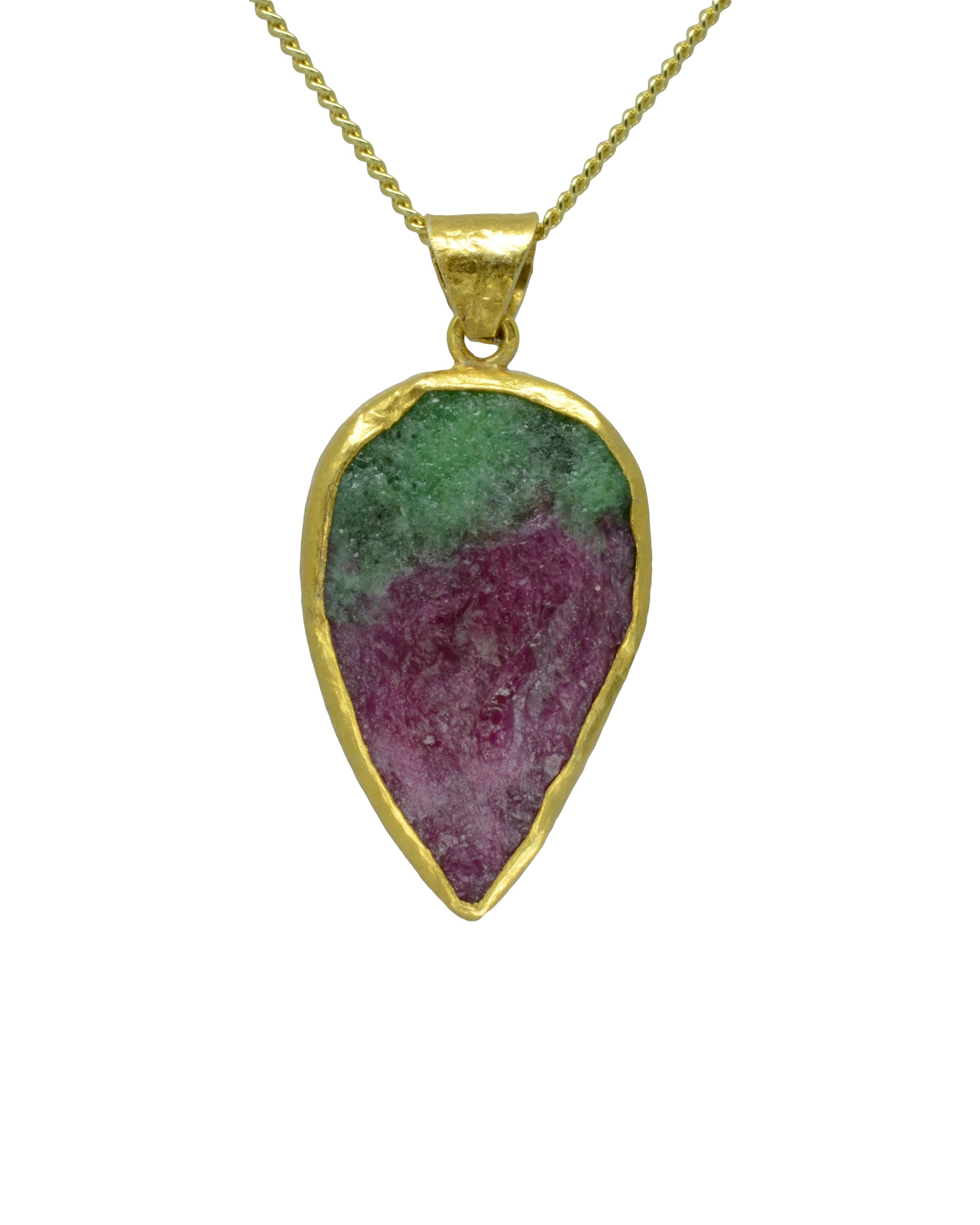 raw ruby zoisite pendant with gold edge on fine chain, handcrafted gemstone jewelry
