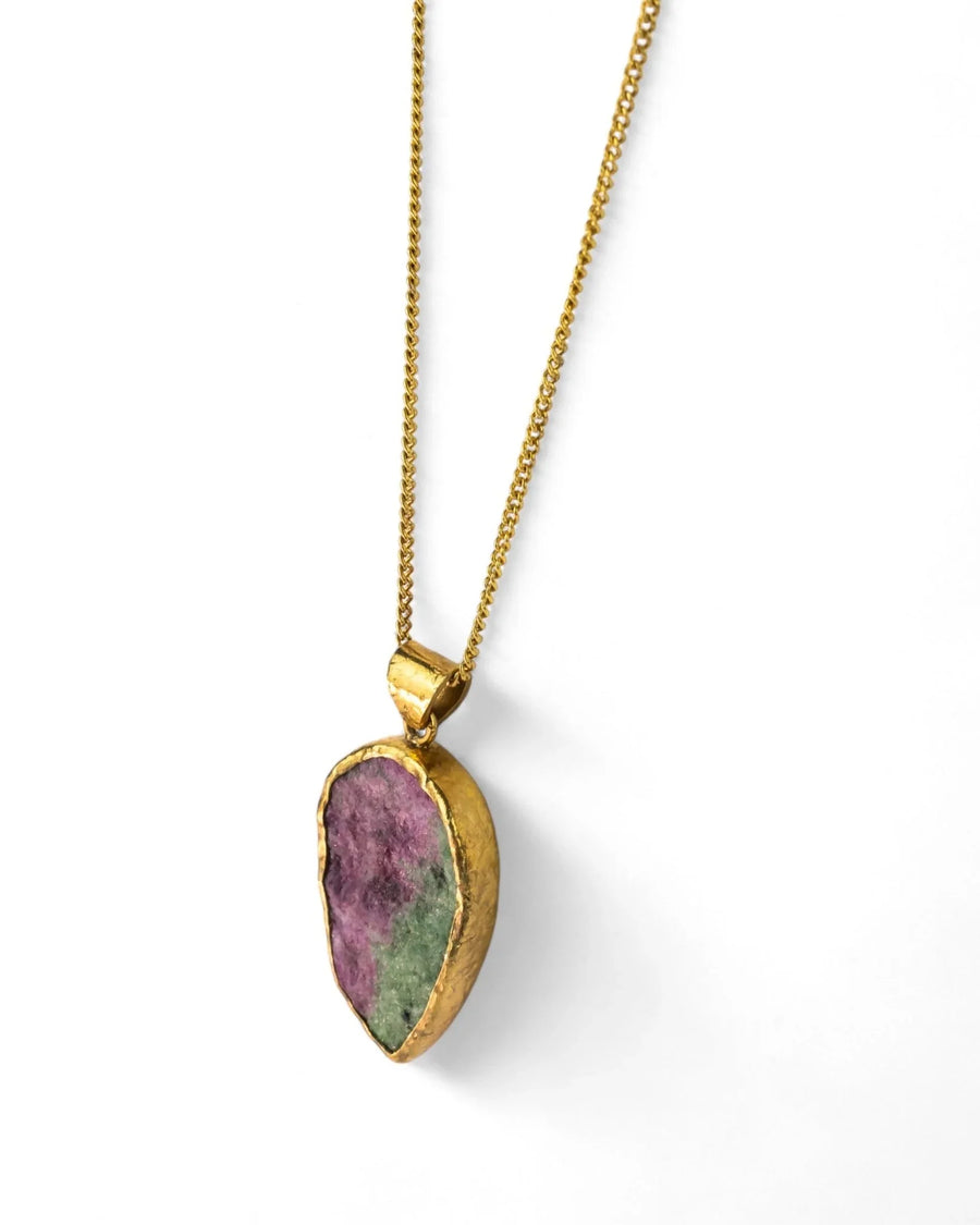 Raw ruby zoisite pendant in gold setting on a delicate gold chain, handmade jewelry