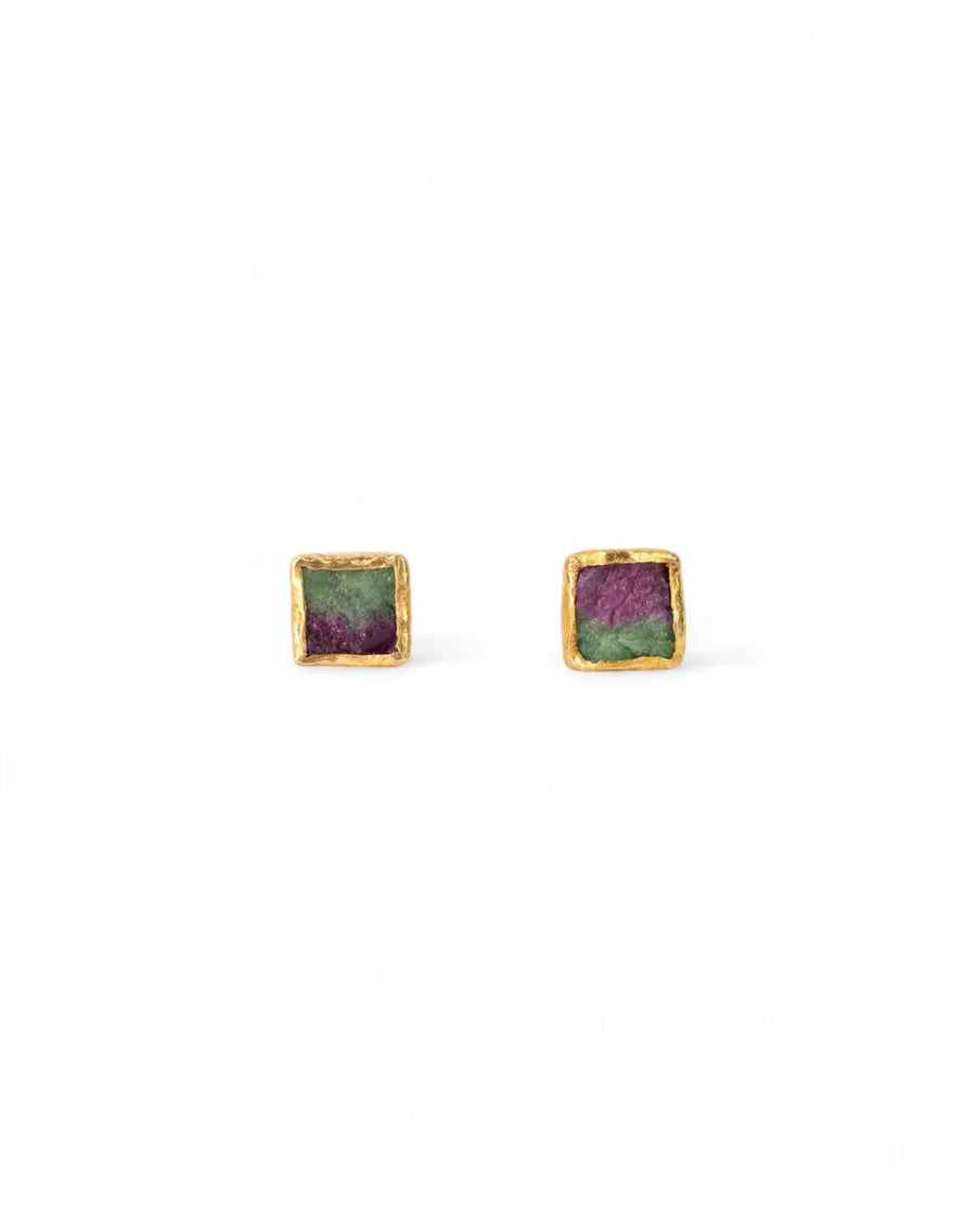 Square ruby zoisite stud earrings with gold edges on white background