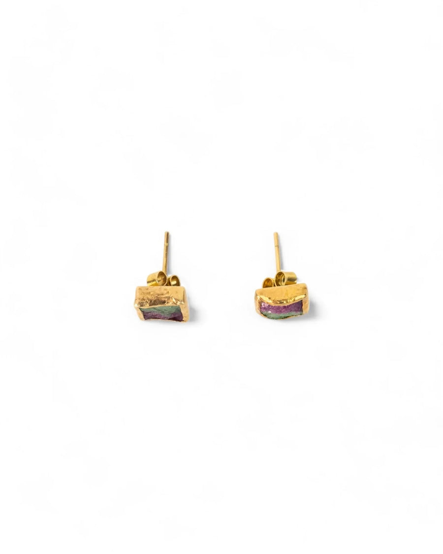 Square ruby zoisite stud earrings in textured gold on white background