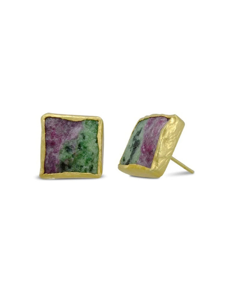 Square ruby zoisite stud earrings with textured gold bezels, pink and green natural stones
