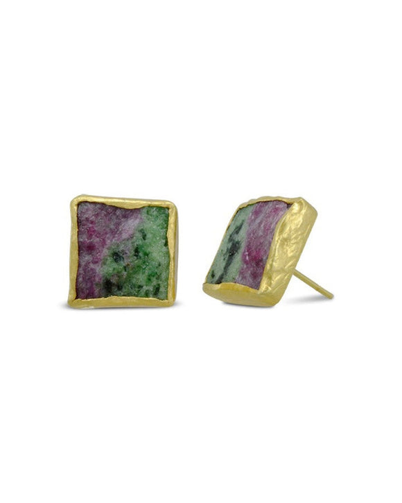 Ruby Zoisite Square Stud Earrings (Large) Earrings Pruden and Smith