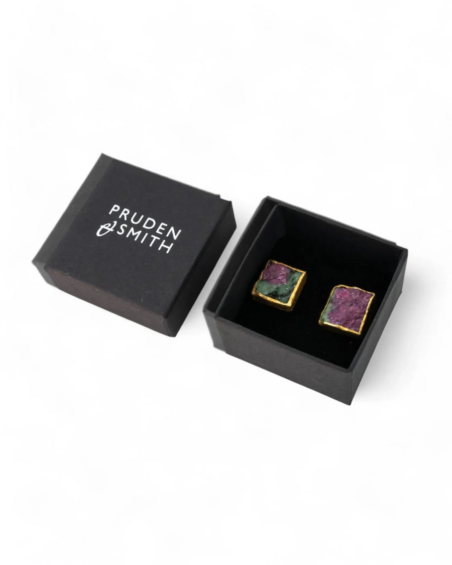 Square ruby zoisite stud earrings with gold edges in a black gift box
