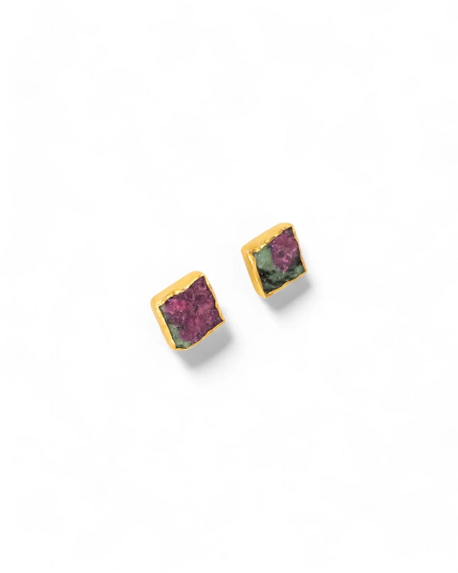 Square ruby zoisite stud earrings with gold setting on white background