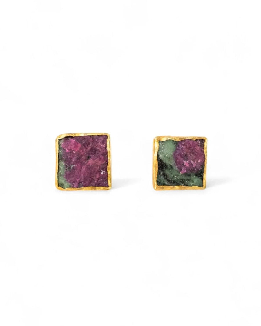 Square ruby zoisite stud earrings with gold setting on white background