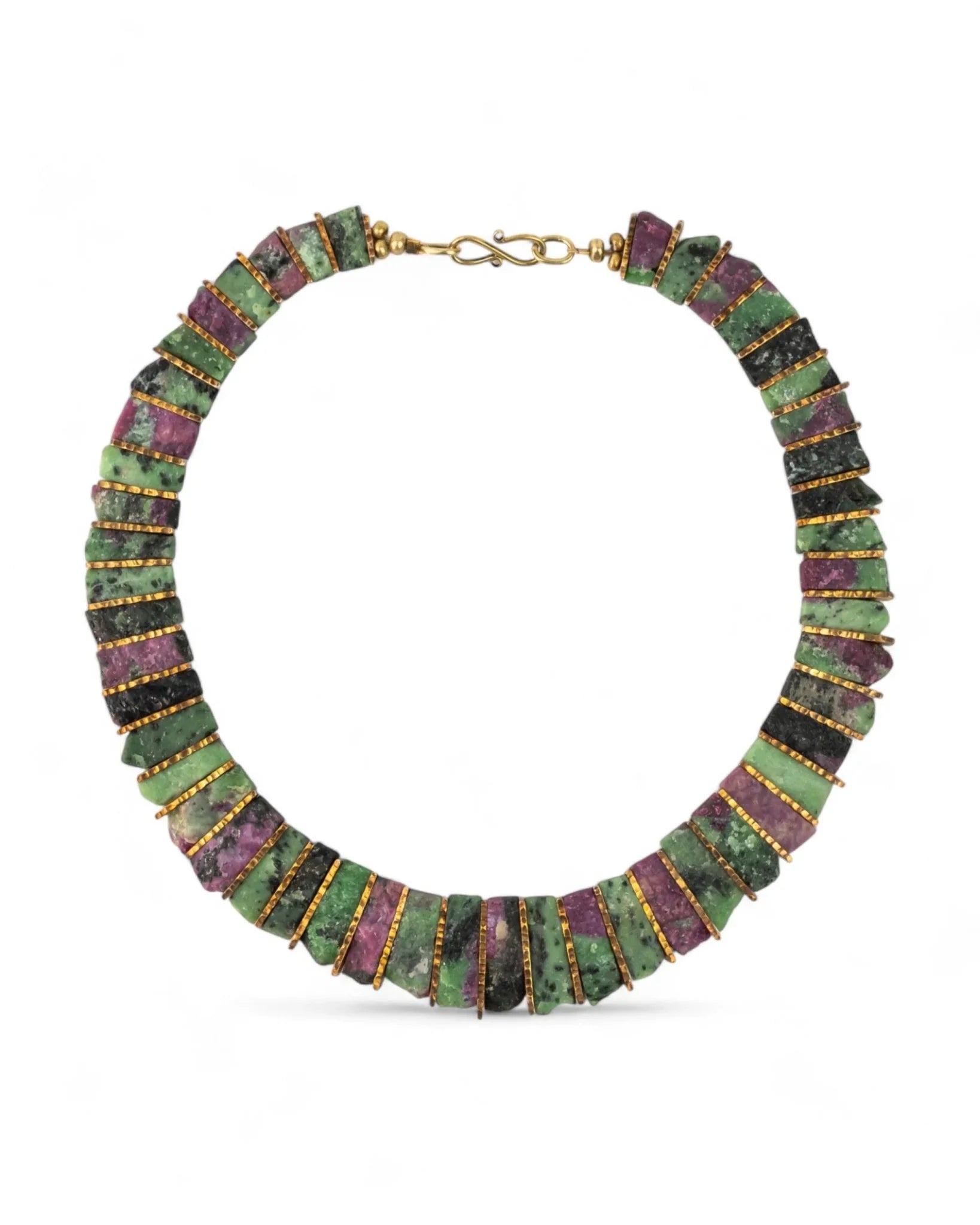 Chunky ruby zoisite tab necklace with gold accents and textured, organic shapes