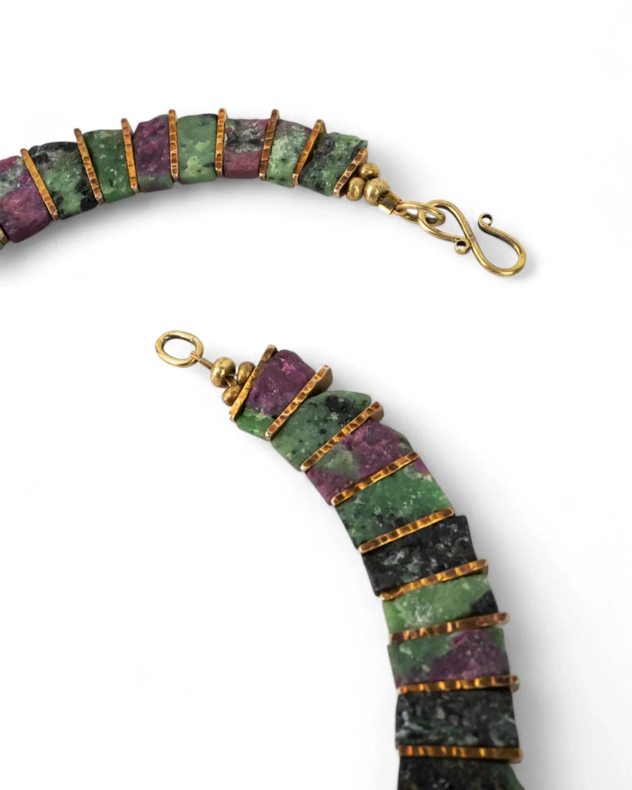 Handcrafted necklace with chunky ruby zoisite stone beads and gold-tone textured spacers