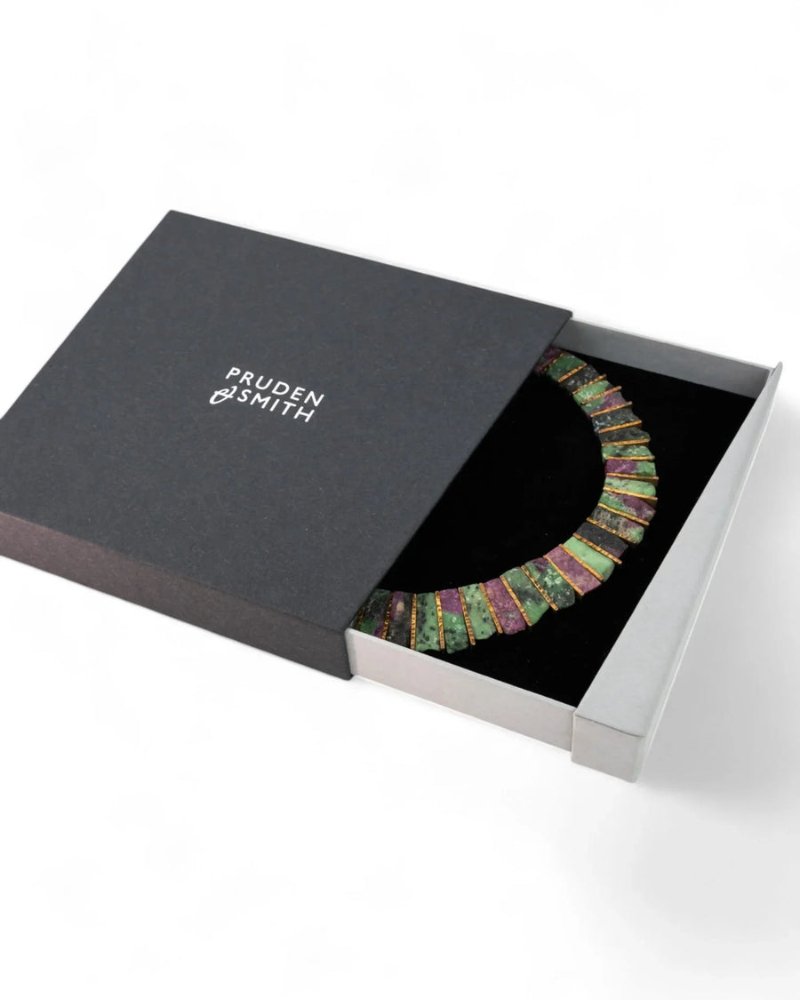 Ruby zoisite gemstone necklace with rectangular beads in a black gift box