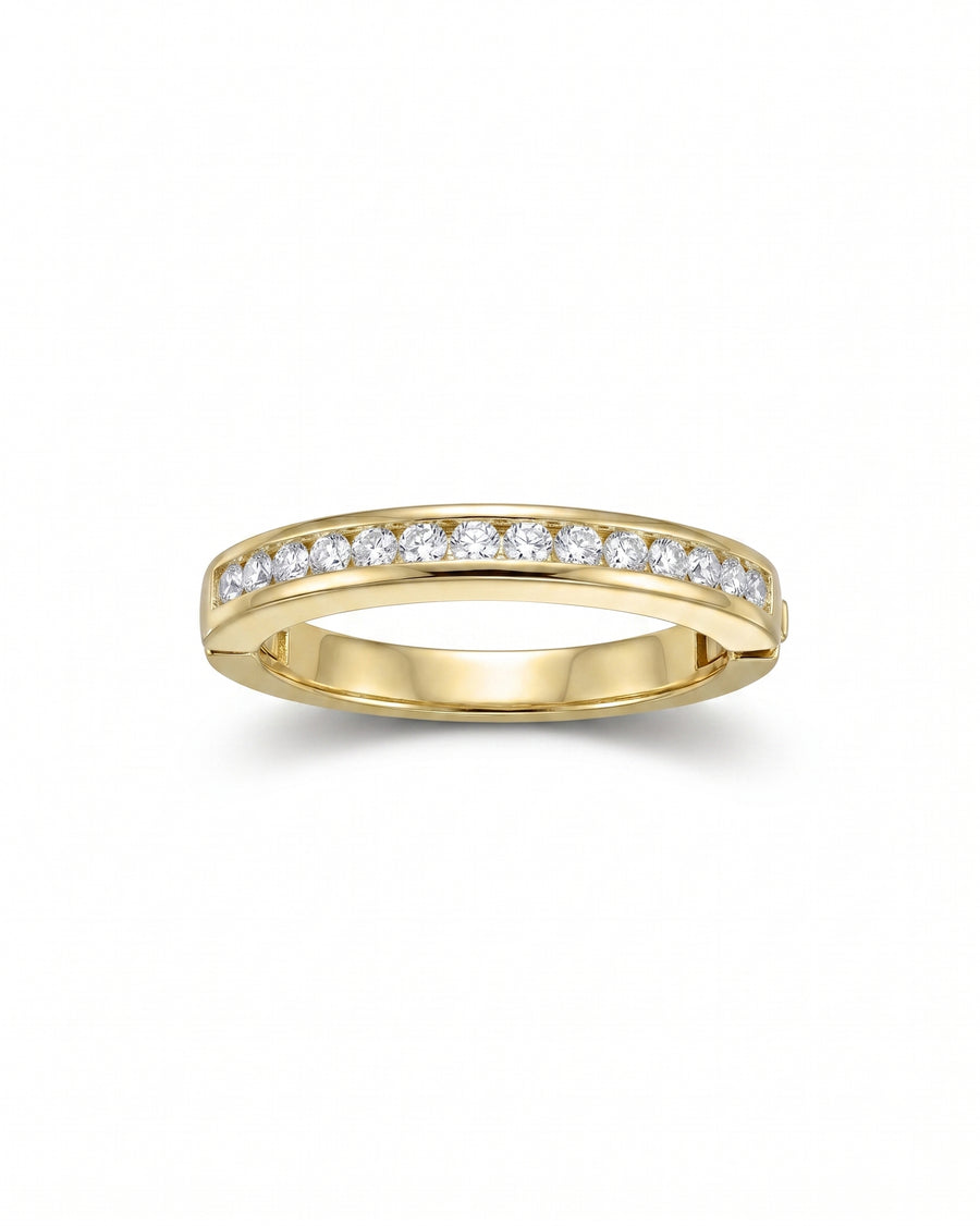 Yellow gold channel set diamond hinged eternity ring.