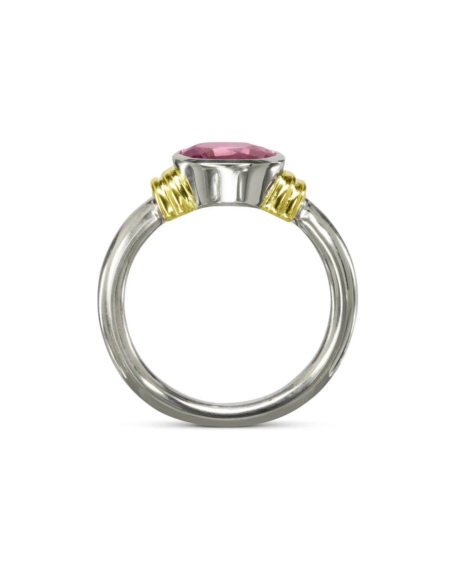 Handmade silver ring with pink sapphire and gold double shoulder accents