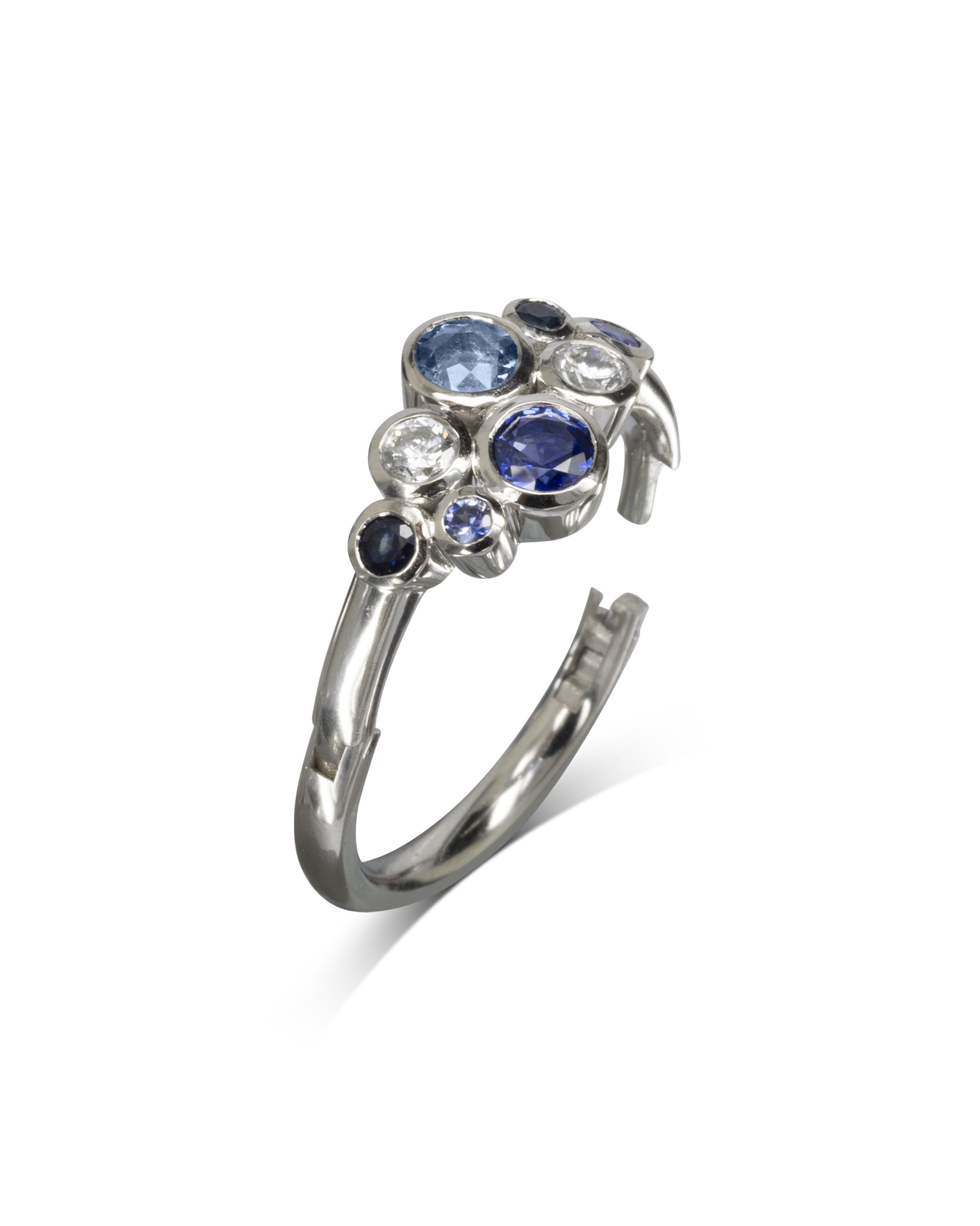 Hinged Bubbles Sapphire and Diamond Platinum Cluster Ring Pruden and Smith
