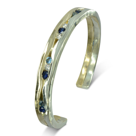 Hammered Sapphire and Diamond Solid 9ct Gold Bangle Pruden and Smith
