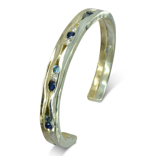 Hammered Sapphire and Diamond Solid 9ct Gold Bangle Pruden and Smith