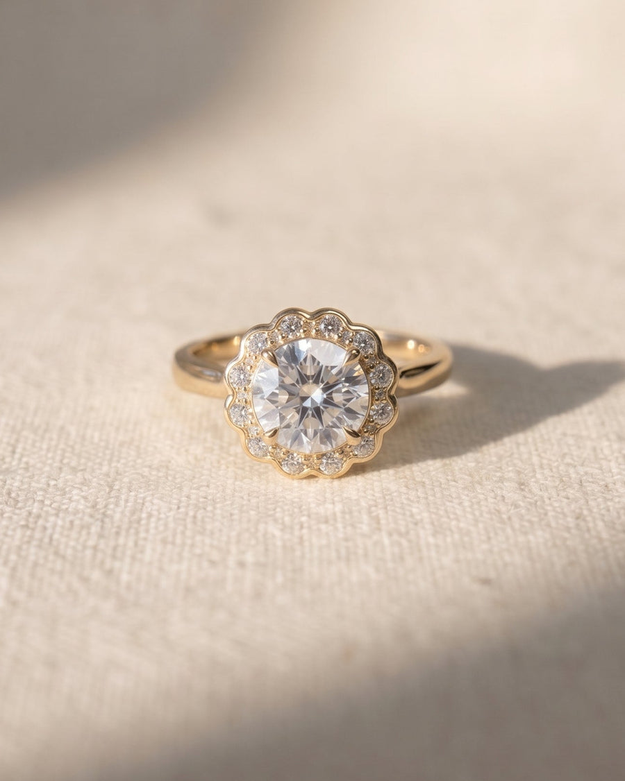 18ct yellow gold scalloped diamond cluster engagement ring with a 1ct lab grown diamond.