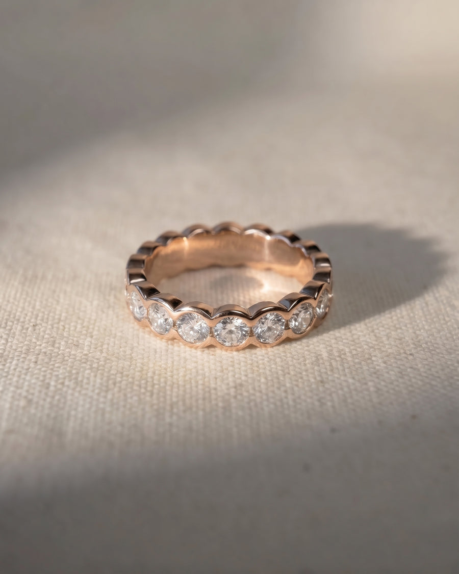 18ct rose gold scalloped diamond eternity ring with round diamonds.