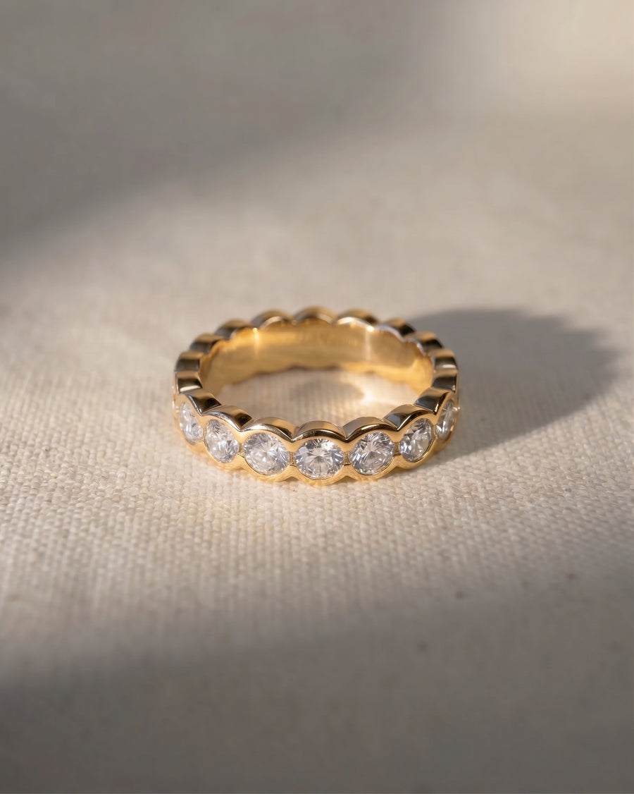 18ct yellow gold scalloped diamond eternity ring.