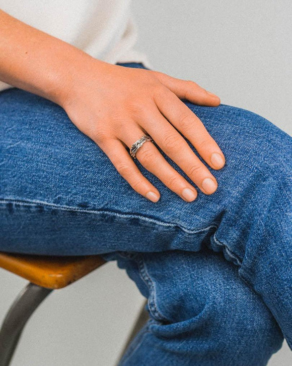 Seaweed Two Colour Gold Ring Ring Pruden and Smith on Model