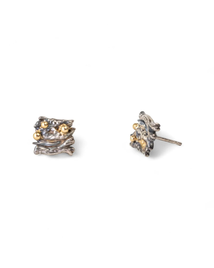 Seaweed Silver and Yellow Gold Bead Stud Earrings Earrings Pruden and Smith