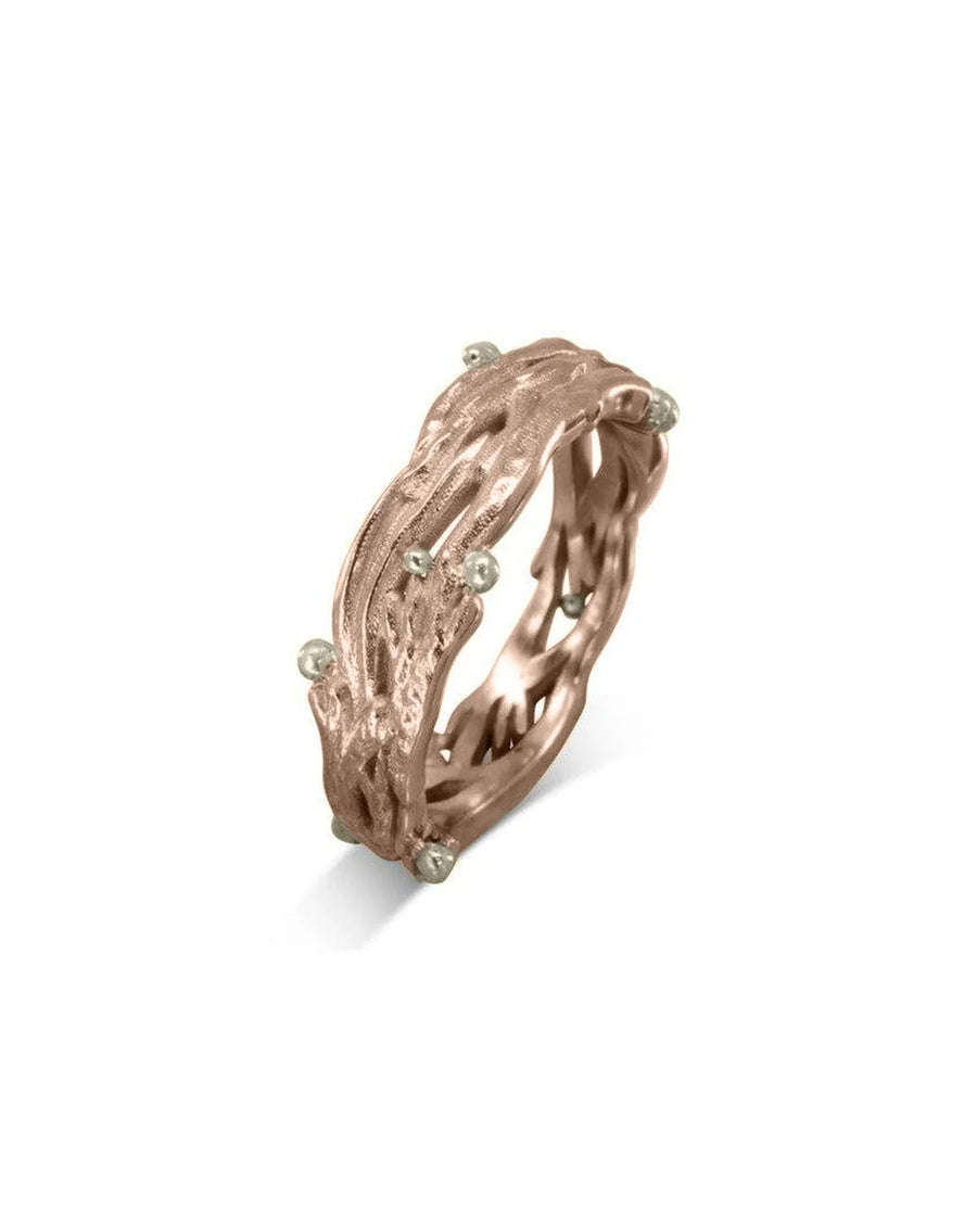 Gold seaweed-inspired ring with organic texture and small silver bead accents