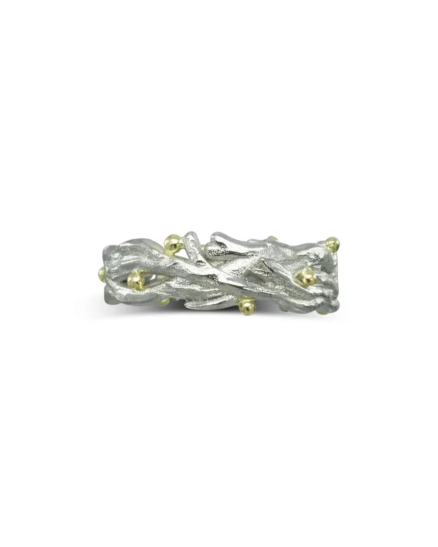 organic seaweed-inspired ring in textured white gold with yellow gold accents