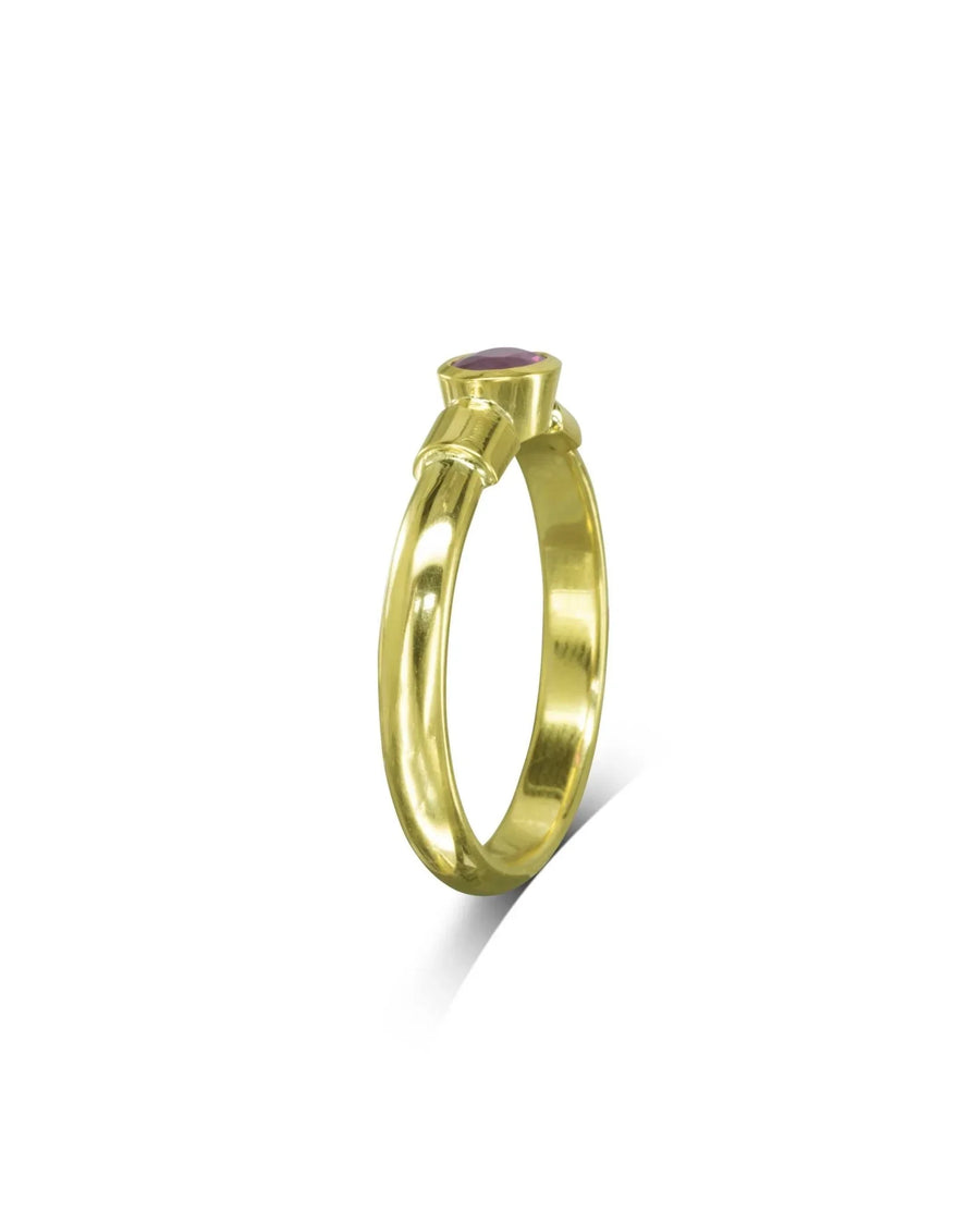 Gold shoulder oval ruby solitaire ring.