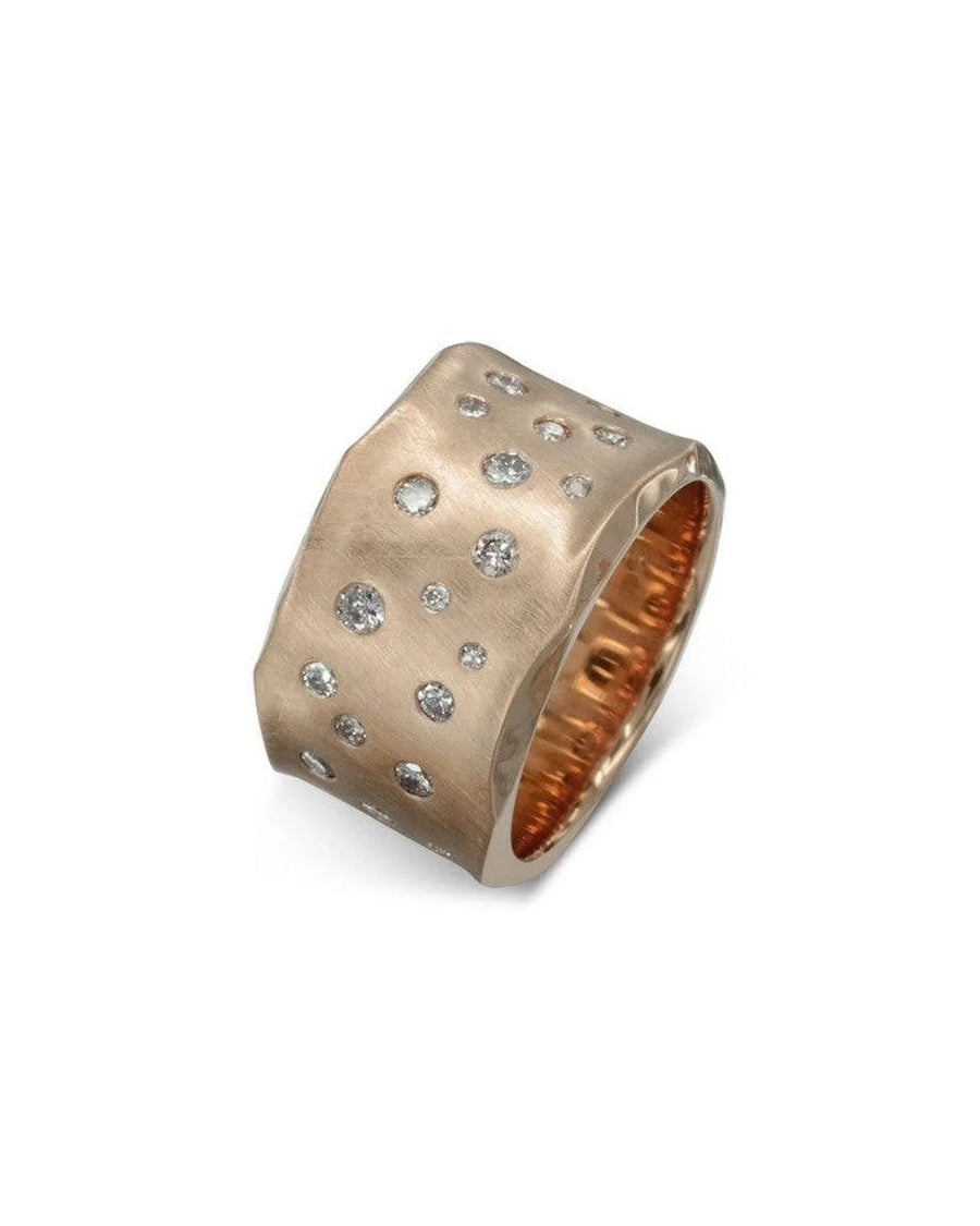 Wide 9ct rose gold ring with a satin matt finish, side hammered texture, and scattered round diamonds.