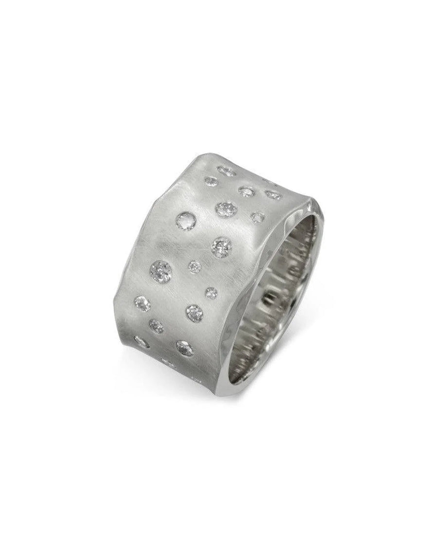 Wide platinum satin matt ring with scattered diamonds.