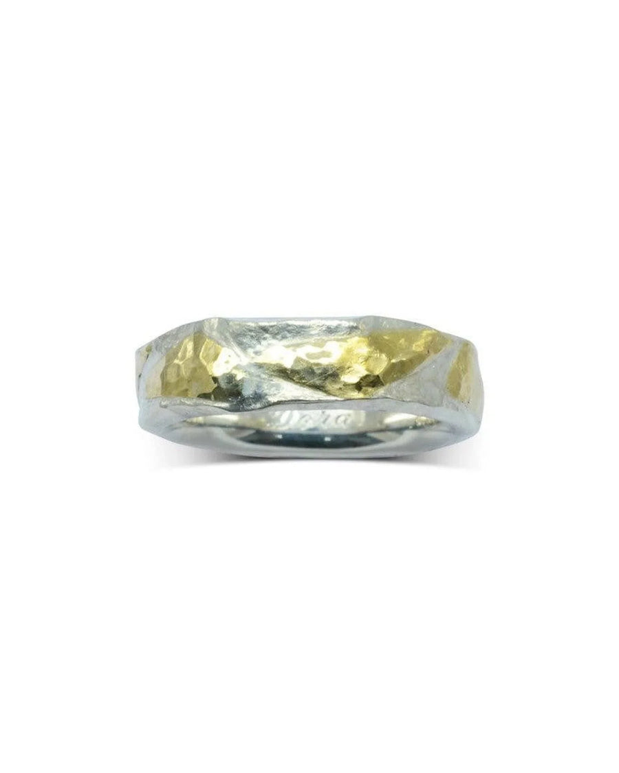Handcrafted hammered ring with two-tone silver and gold textured finish