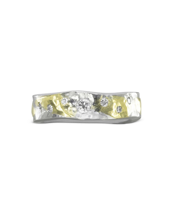 Side Hammered Mixed Metal Gold Diamond Ring Ring Pruden and Smith 18ct Yellow Gold and Platinum