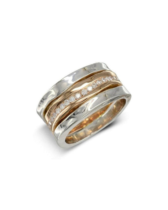 Side Hammered Mixed Metal Rose Gold and Diamonds Eternity Ring Ring Pruden and Smith 18ct Rose Gold &amp; Platinum 50% Set Band
