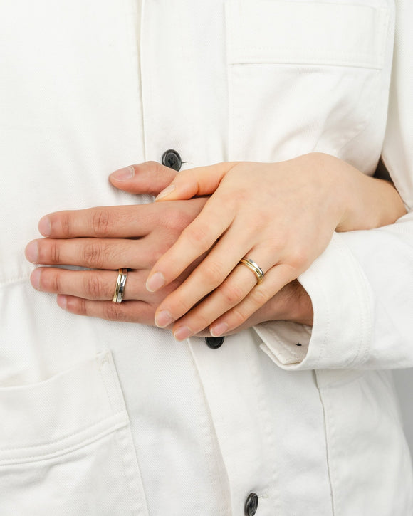Side Hammered Mixed Metal Yellow Gold and Platinum Wedding Ring Ring Pruden and Smith