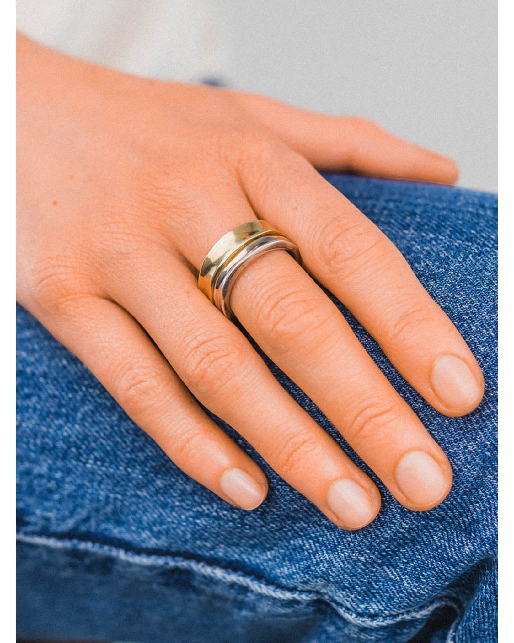 Side Hammered Two Tone Wedding Band Ring Pruden and Smith on Model