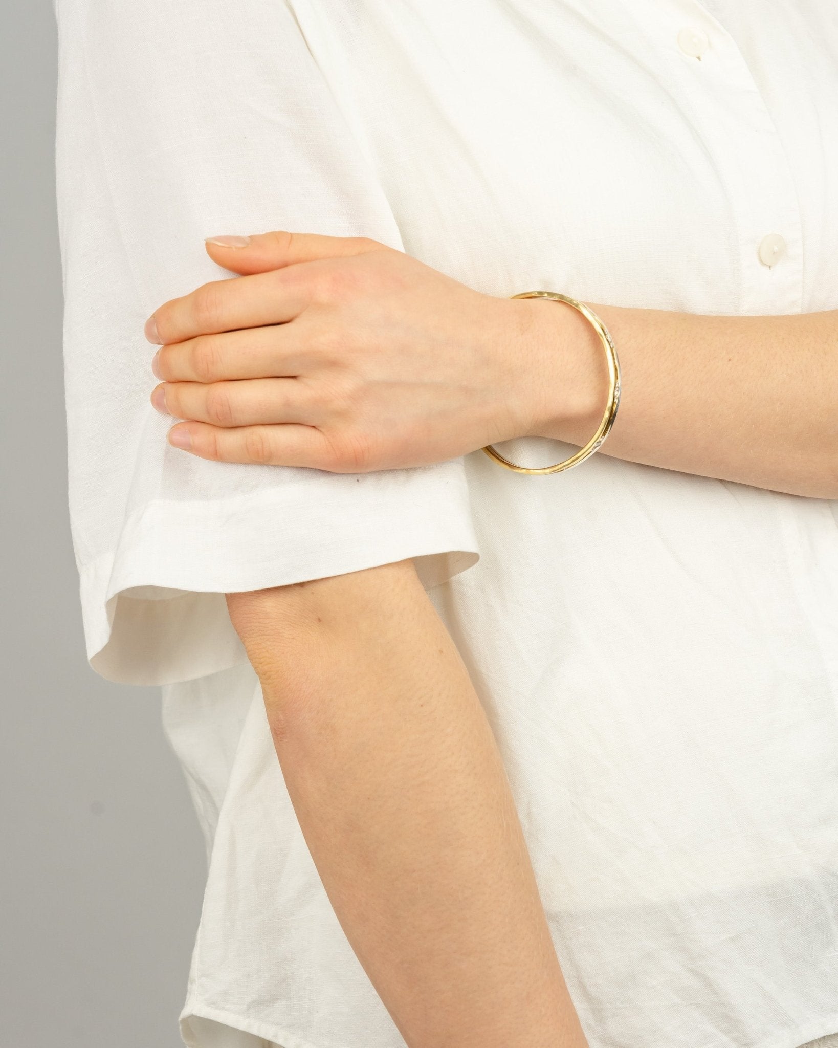 Side Hammered Two Colour Solid 9ct Gold Bangle Bangle Pruden and Smith